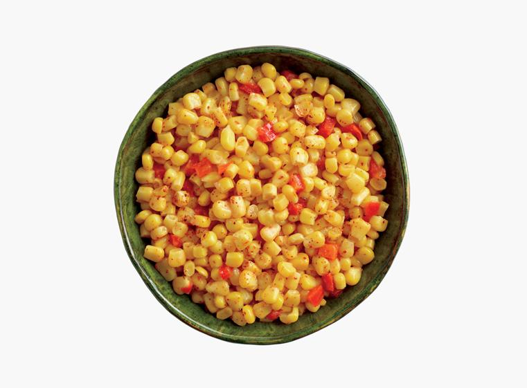 Bowl of cut corn and diced red peppers