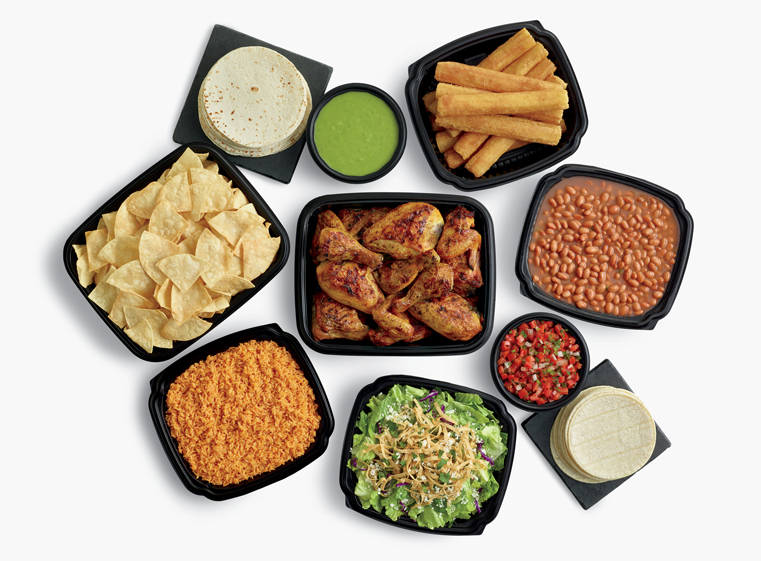 24-piece chicken meal with large sides, tortillas, churros, and salsas