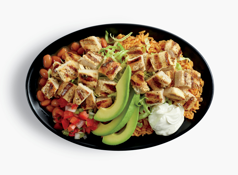Double Chicken Bowl topped with avocado