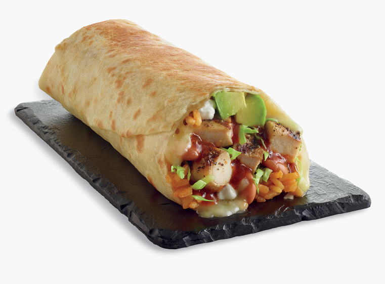 Grilled Chipotle Chicken Avocado Burrito cut in half showing ingredients