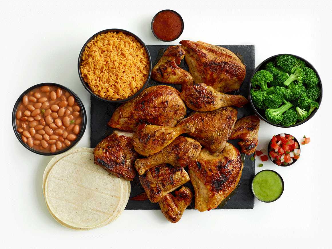 12-piece chicken meal with three sides, tortillas, and salsas